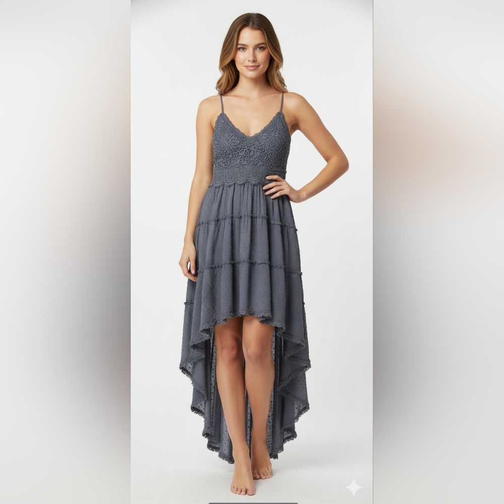 Blue Y2K Babydoll Dress Crochet Boho Sleeveless HI-Low Midi Tiered 2X